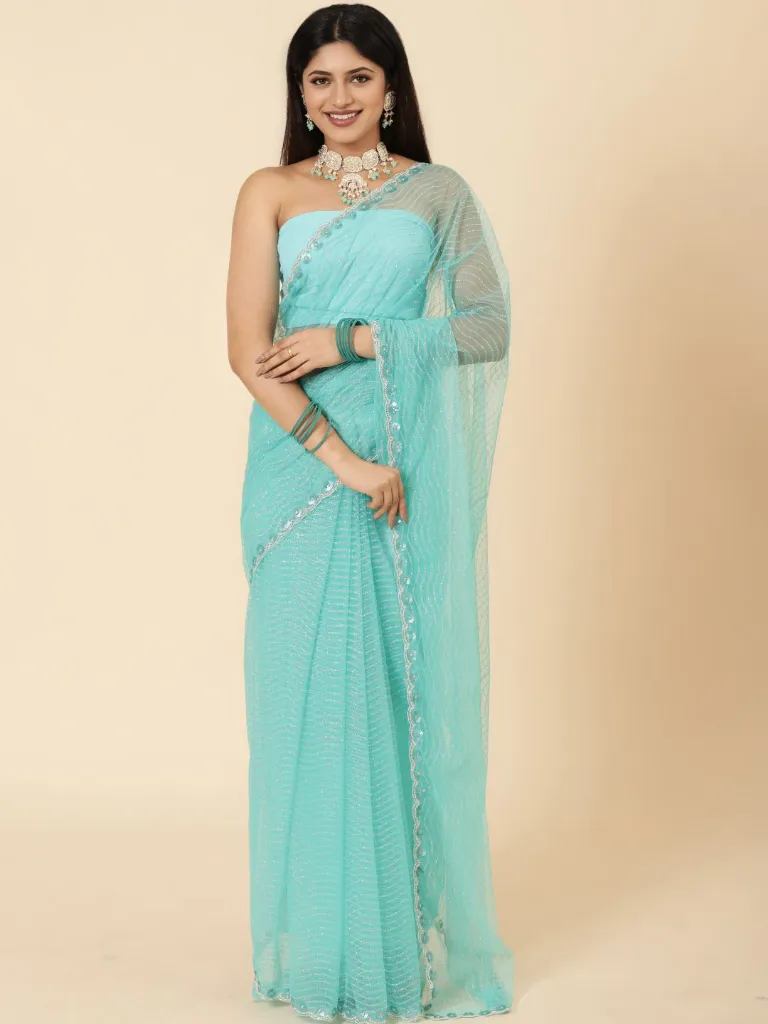 Vervee Couture Fresh Turquoise Blue Net Saree | Roza