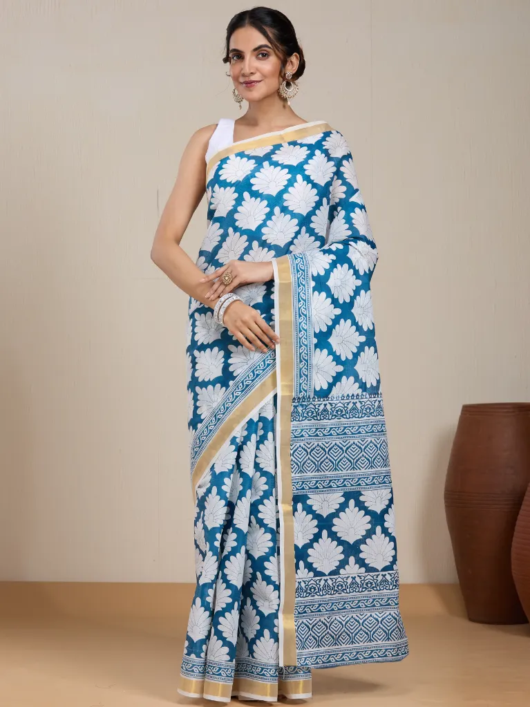 Vervee Couture Teal Blue Silk Blend Saree  Semi-stitched Blouse