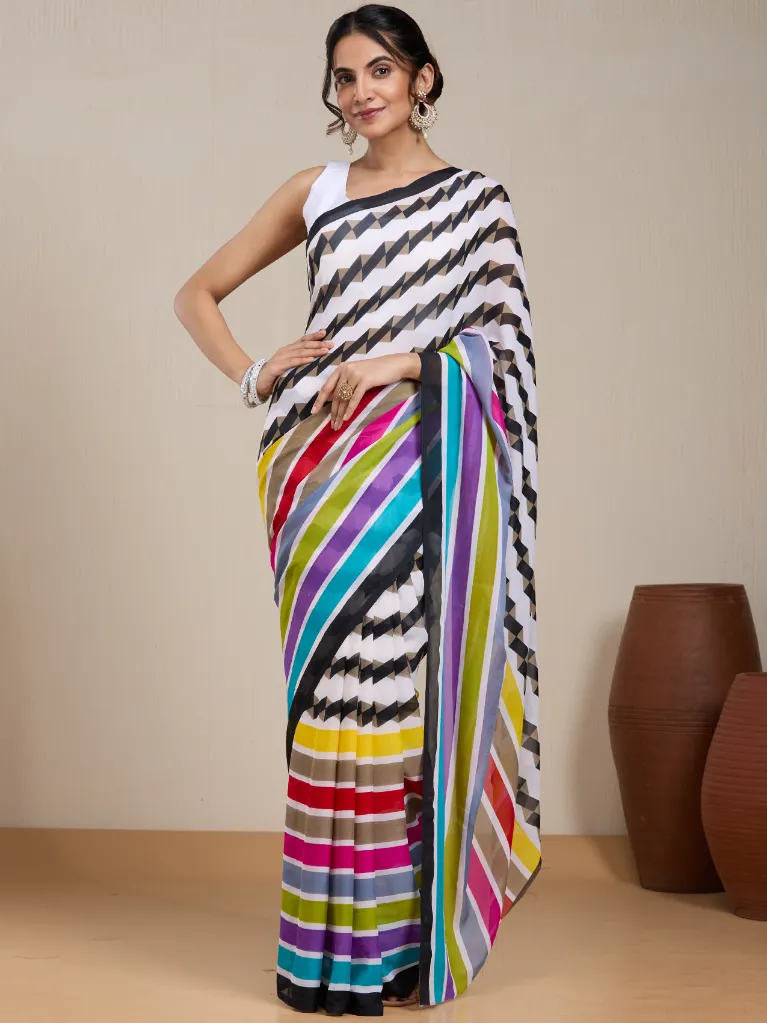 Vervee Couture Multicolour Silk Blend Saree  Semi-stitched Blouse
