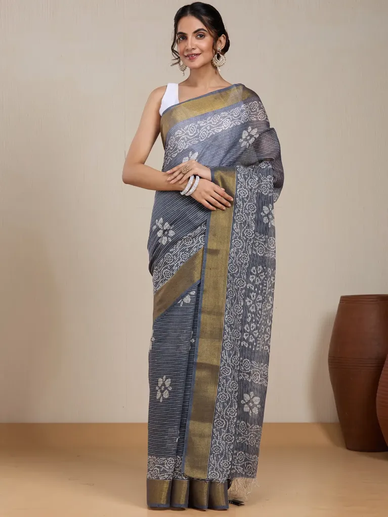 Vervee Couture Slate Grey Silk Blend Saree  Semi-stitched Blouse