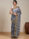 Vervee Couture Slate Grey Silk Blend Saree  Semi-stitched Blouse