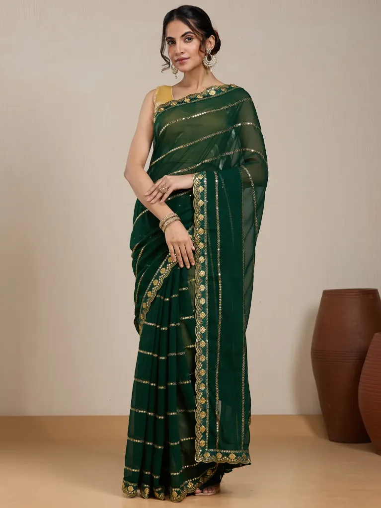 Vervee Couture Bottle Green Silk Blend Saree  Semi-stitched Blouse