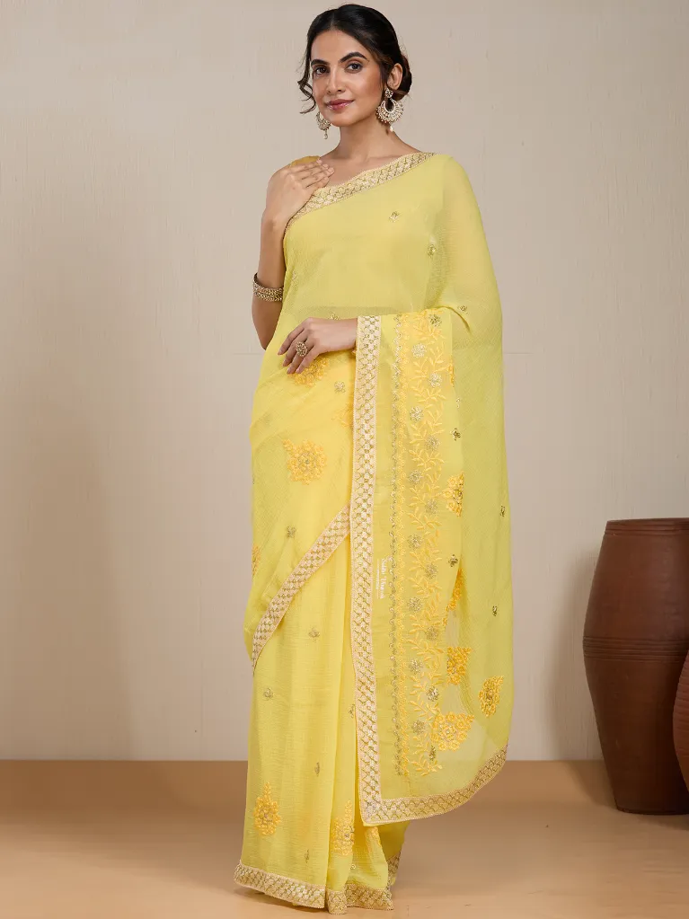 Vervee Couture Pastel Yellow Silk Blend Saree  Semi-stitched Blouse