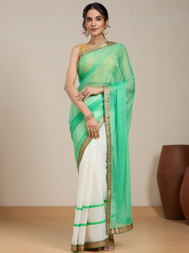 Vervee Couture Mint Green Silk Blend Saree  Semi-stitched Blouse