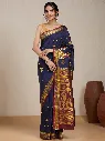 Vervee Couture Navy Blue Silk Blend Saree  Semi-stitched Blouse