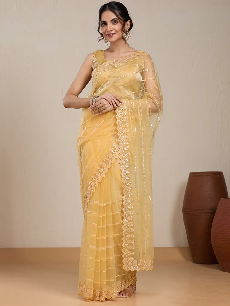 [VC26-EKA-D99-135] Vervee Couture Pastel Yellow Silk Blend Saree | Eka