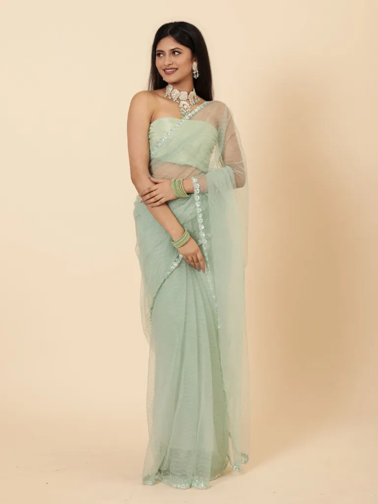 [VC26-ROZA-D25-20] Vervee Couture Sea Form Green Net Saree | Roza