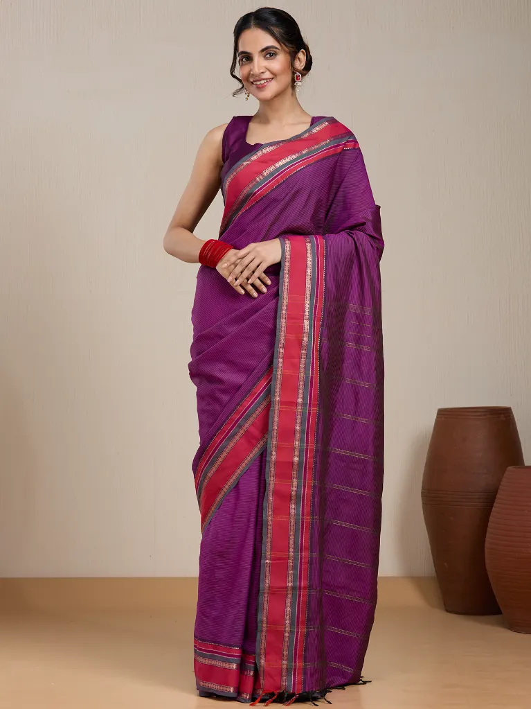 Vervee Couture Royal Purple Silk Blend Saree Semi-stitched Blouse