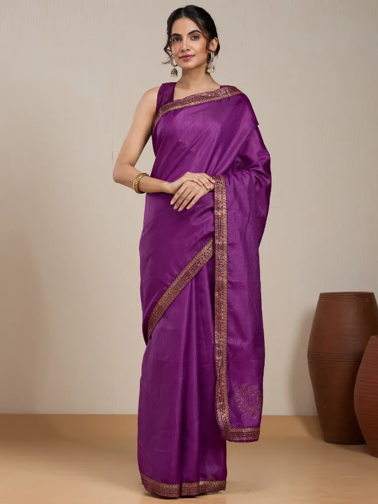 Vervee Couture Rich Violet Purple Silk Blend Saree Semi-stitched Blouse