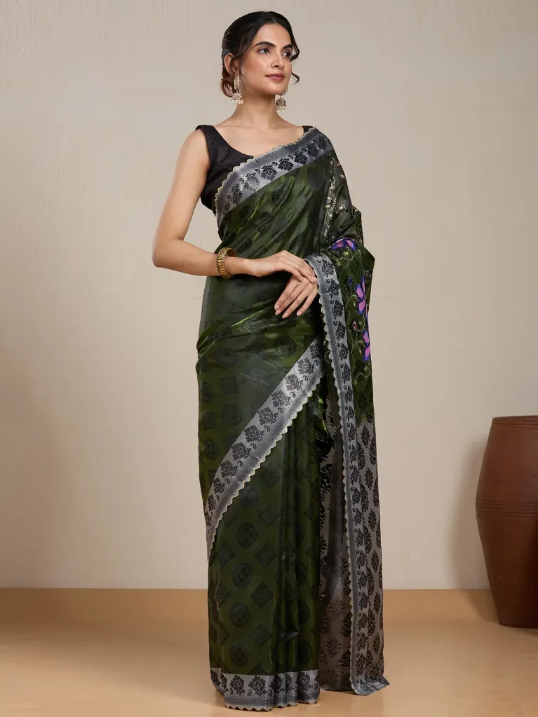 [VC26-EKA-D99-118] Vervee Couture Olive Green Purple Silk Blend Saree | Eka