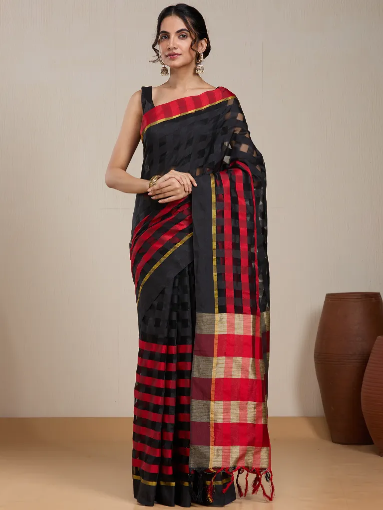 Vervee Couture Black Purple Silk Blend Saree Semi-stitched Blouse | Eka