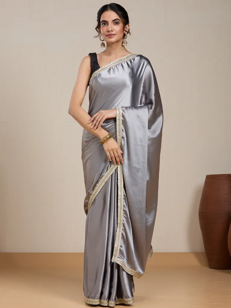 Vervee Couture Grey Silk Blend Saree Semi-stitched Blouse