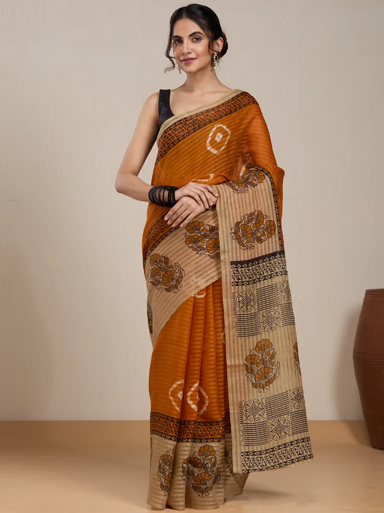 Vervee Couture Burnt Orange Silk Blend Saree Semi-stitched Blouse | Eka