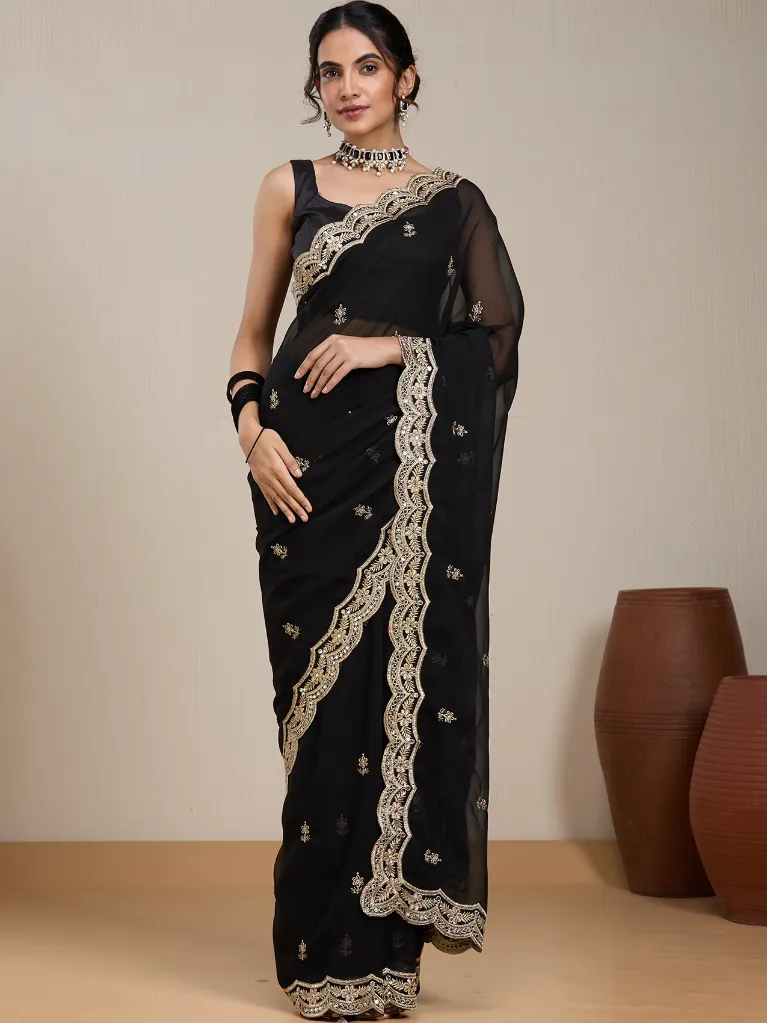 Vervee Couture Black Silk Blend Saree Semi-stitched Blouse