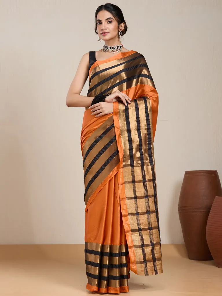 [VC26-EKA-D99-48] Vervee Couture Copper Orange Silk Blend Saree | Eka