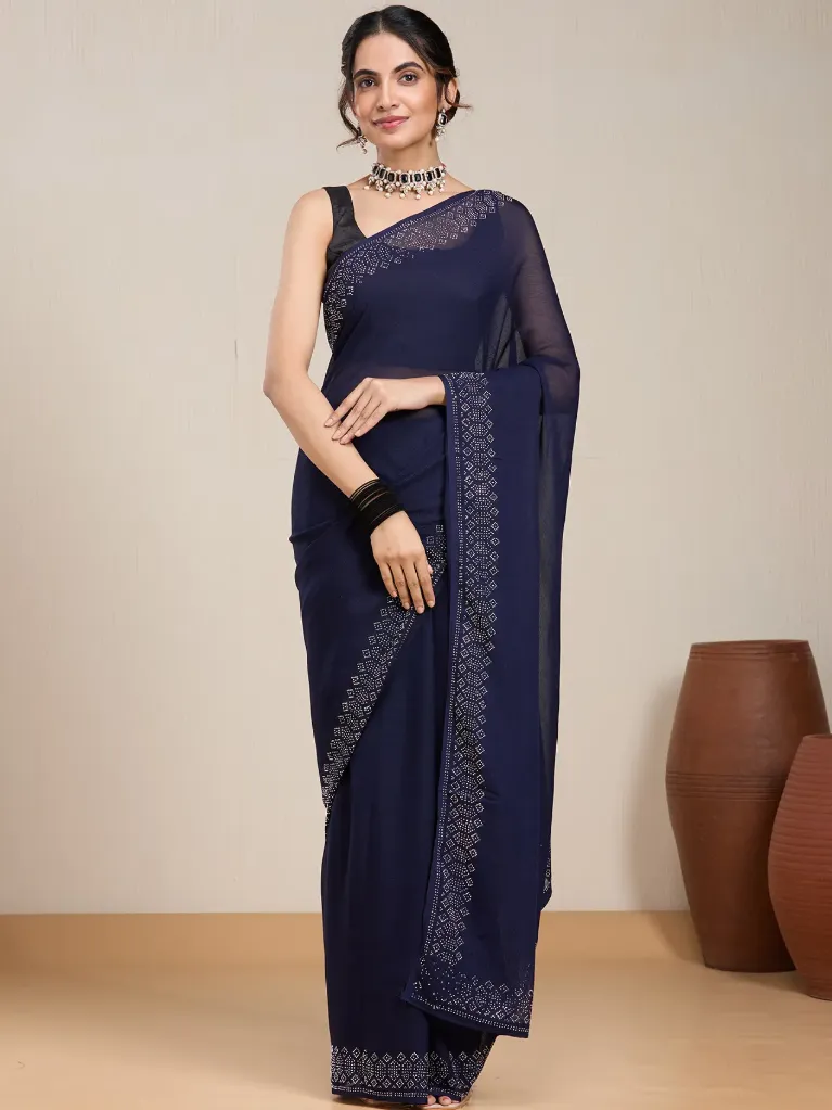 Vervee Couture Midnight Navy Blue Silk Blend Saree  Semi-stitched Blouse