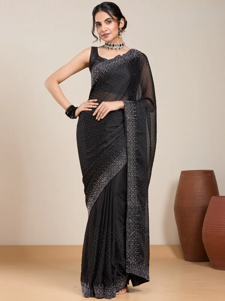 Vervee Couture Midnight Black Silk Blend Saree  Semi-stitched Blouse