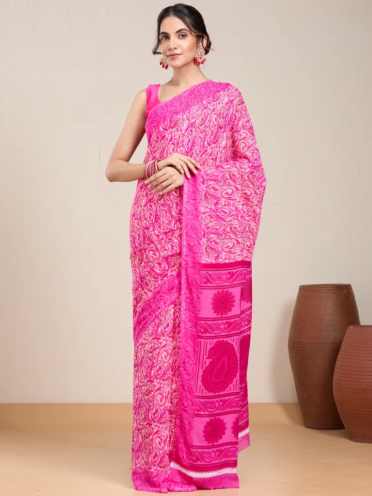 Vervee Couture Bright Hot Pink Silk Blend Saree  Semi-stitched Blouse
