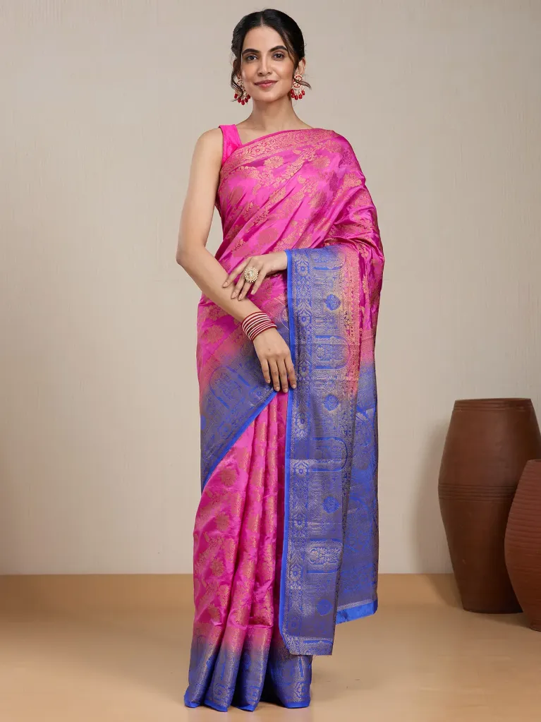 [VC26-EKA-D99-34] Vervee Couture Bright Pink Silk Blend Saree | Eka