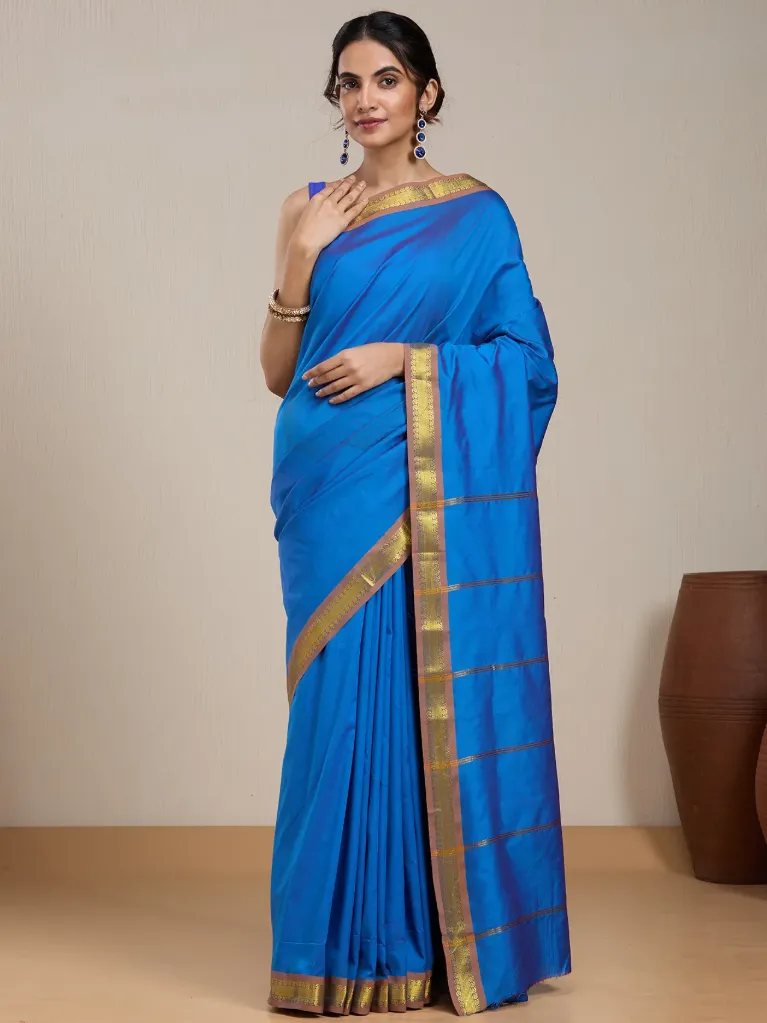 [VC26-EKA-D99-179] Vervee Couture Royal Blue Silk Blend Saree with Semi-Stitched Blouse | Eka