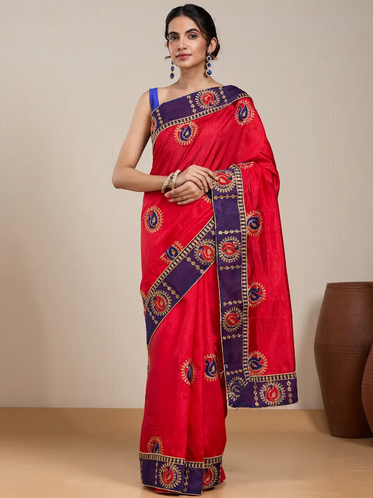 [VC26-EKA-D99-35] Vervee Couture Bright Red Silk Blend Saree | Eka
