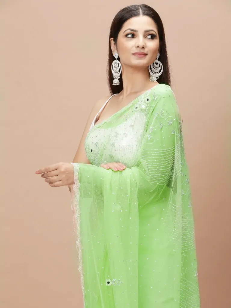 [VC26-CALICO-D26-01] Vervee Couture Parrot Green Net Saree | Calico