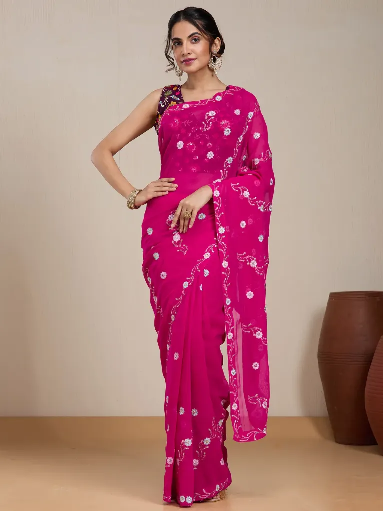 Vervee Couture Deep Pink Silk Blend Saree Semi-stitched Blouse