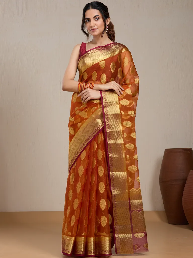 Vervee Couture Rust Orange Silk Blend Saree Semi-stitched Blouse