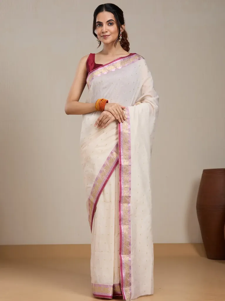 Vervee Couture Off-White Silk Blend Saree Semi-stitched Blouse