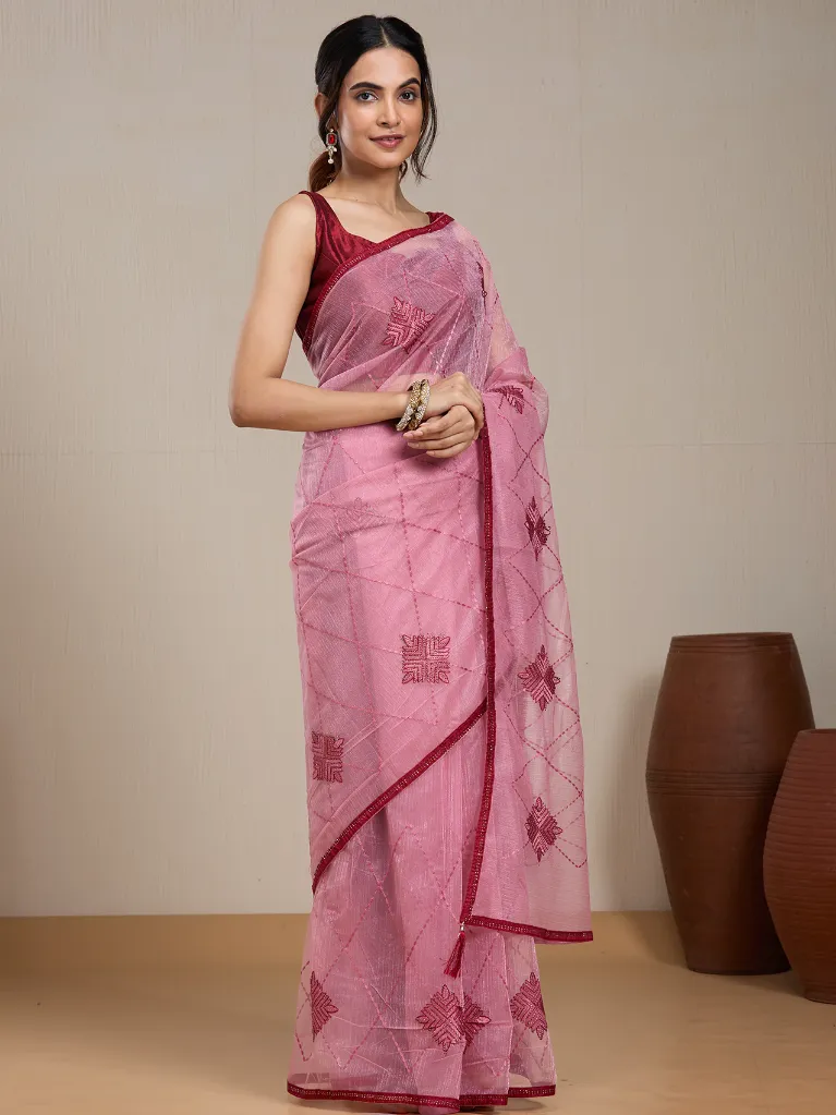 [VC26-EKA-D99-206] Vervee Couture Soft Pink Silk Blend Saree | Eka