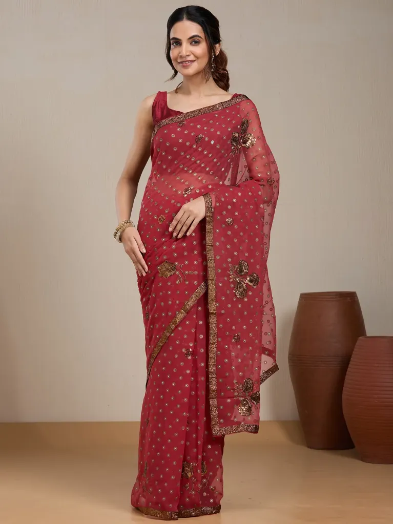 Vervee Couture Deep Rose Red Blend Saree  Semi-stitched Blouse