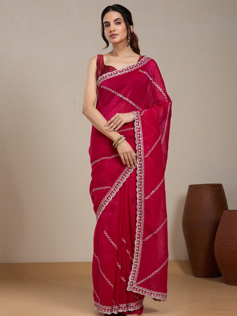 Vervee Couture Pink Blend Saree  Semi-stitched Blouse