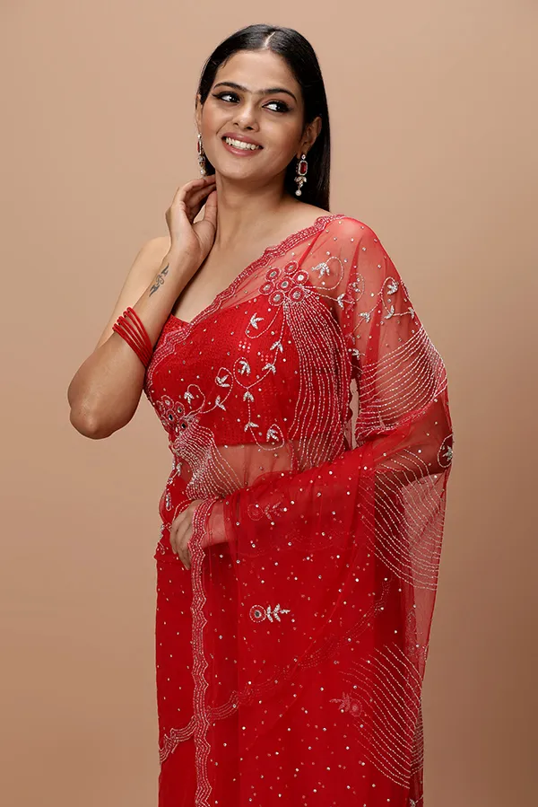 Vervee Couture Rich Crimson Red Net Saree | Calico