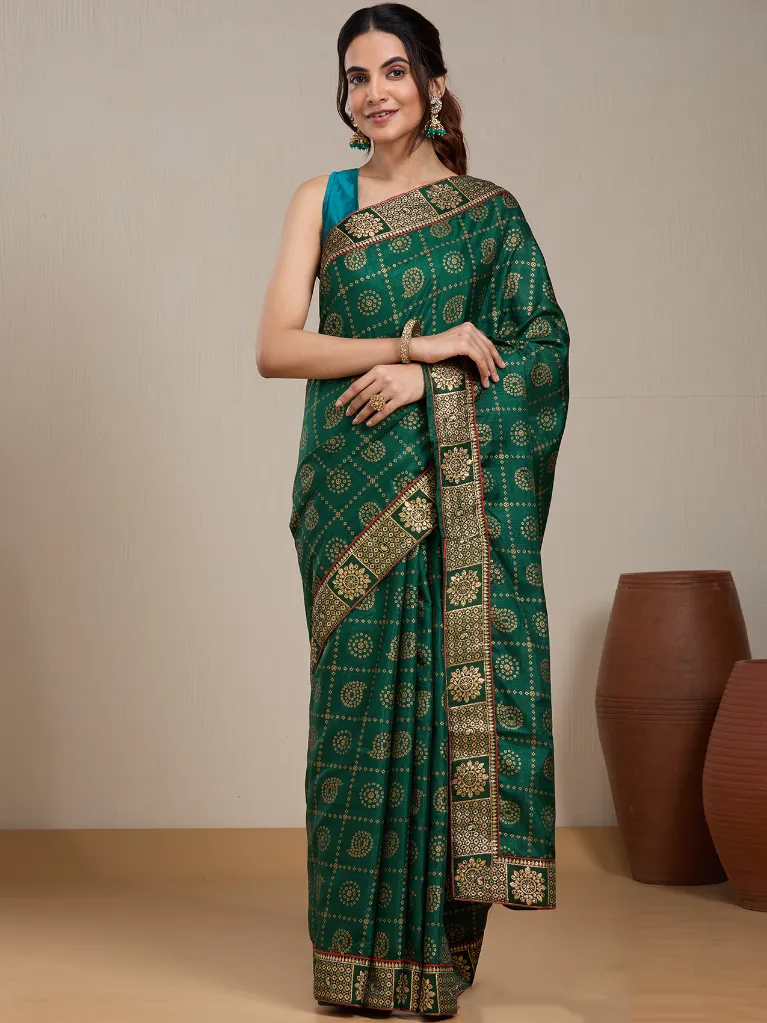 Vervee Couture Bottle Green Silk Blend Saree Semi-stitched Blouse