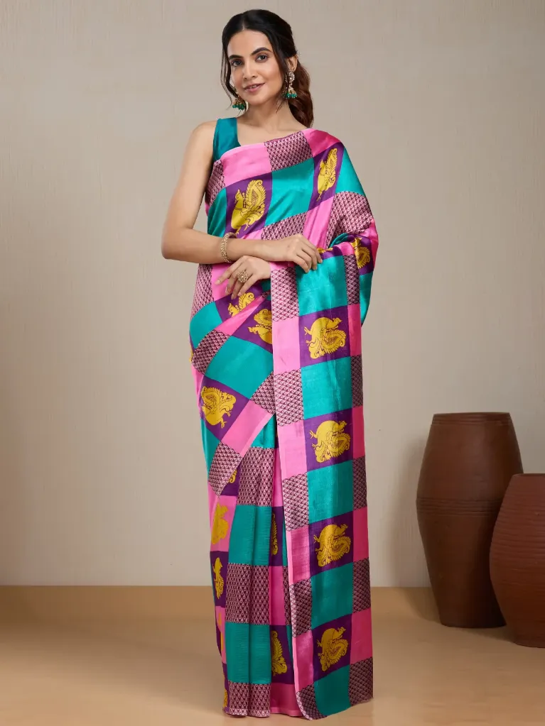 [VC26-EKA-D99-140] Vervee Couture Pink & Teal Green Silk Blend Saree | Eka