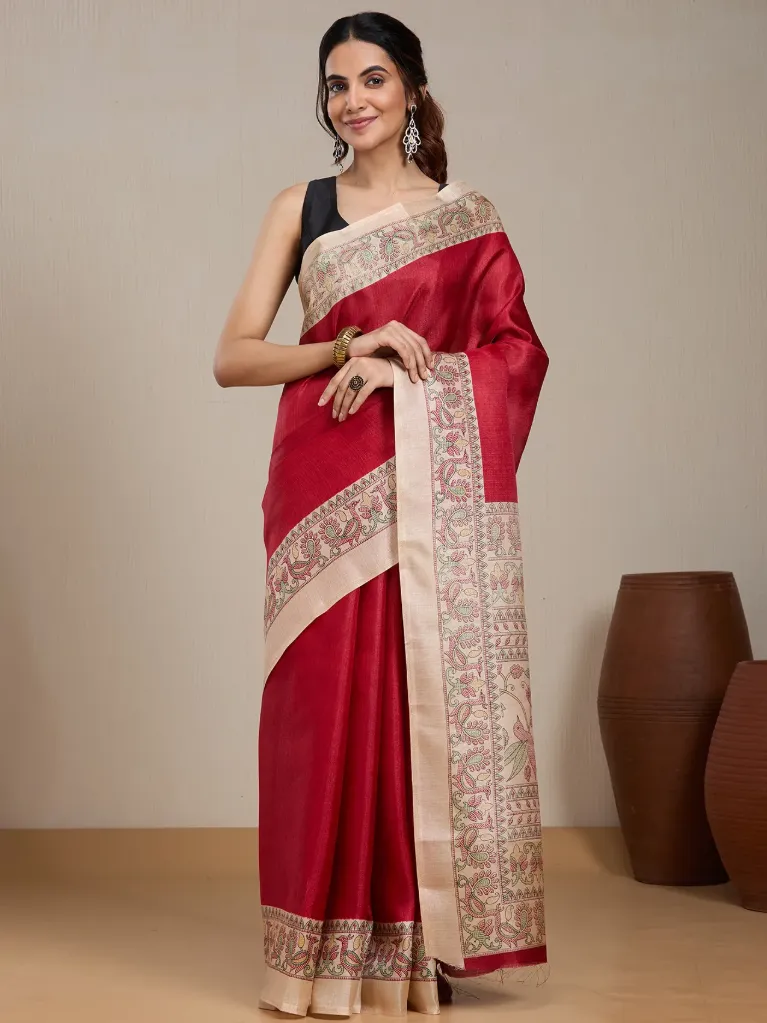 [VC26-EKA-D99-65] Vervee Couture Deep Red Silk Blend Saree | Eka