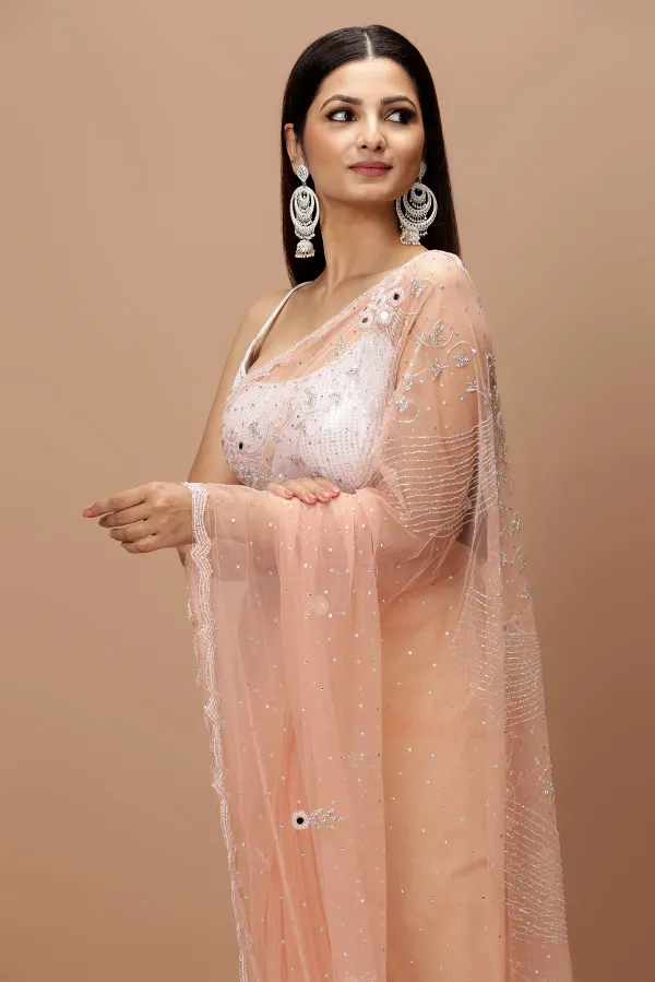 [VC26-CALICO-D26-03] Vervee Couture Peach Net Saree | Calico