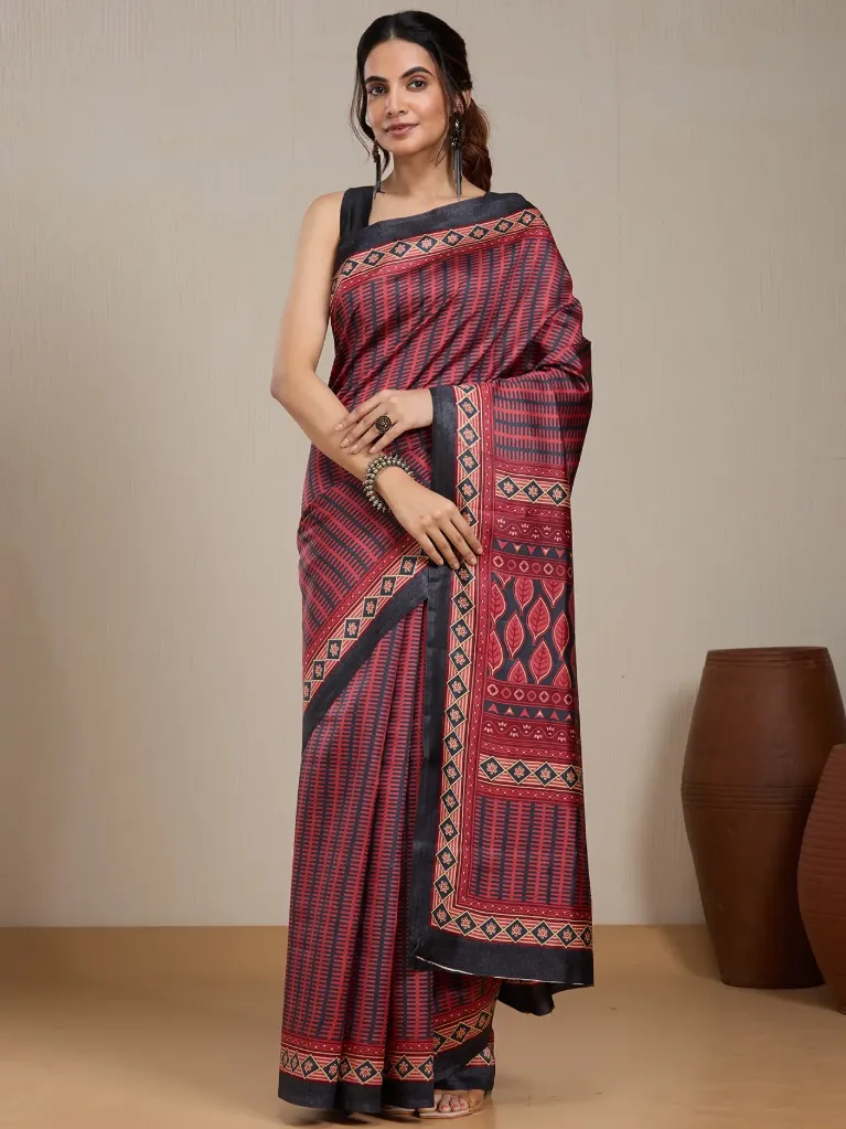 [VC26-EKA-D99-91] Vervee Couture Maroon Silk Blend Saree | Eka