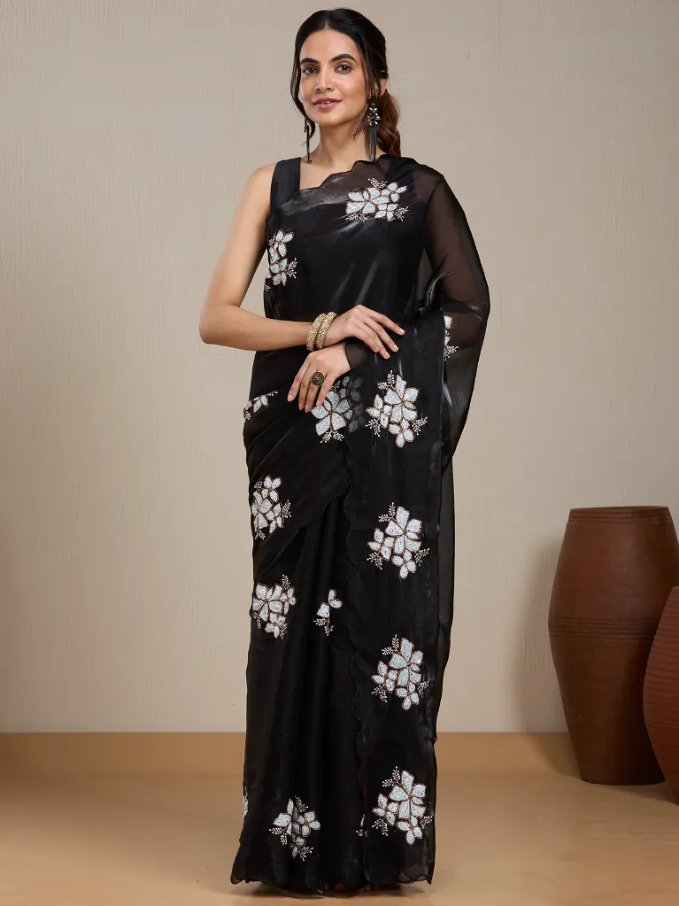 [VC26-EKA-D99-21] Vervee Couture Black Net Saree | Eka