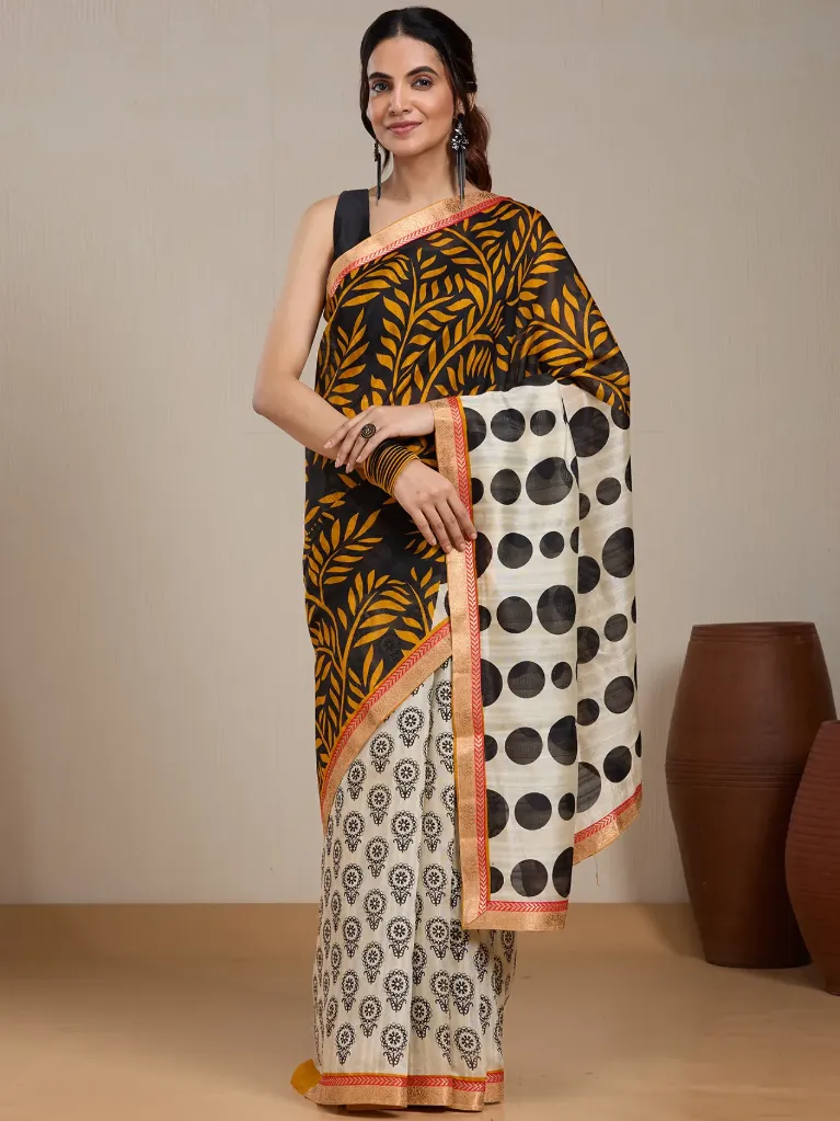 Vervee Couture Black & Mustard Silk Blend Saree Semi-stitched Blouse | Eka