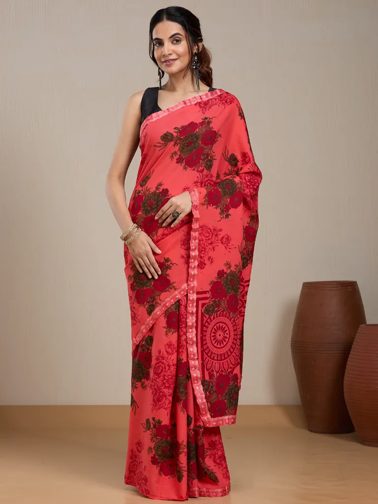 Vervee Couture Coral Red Floral Silk Blend Saree Semi-stitched Blouse | Eka
