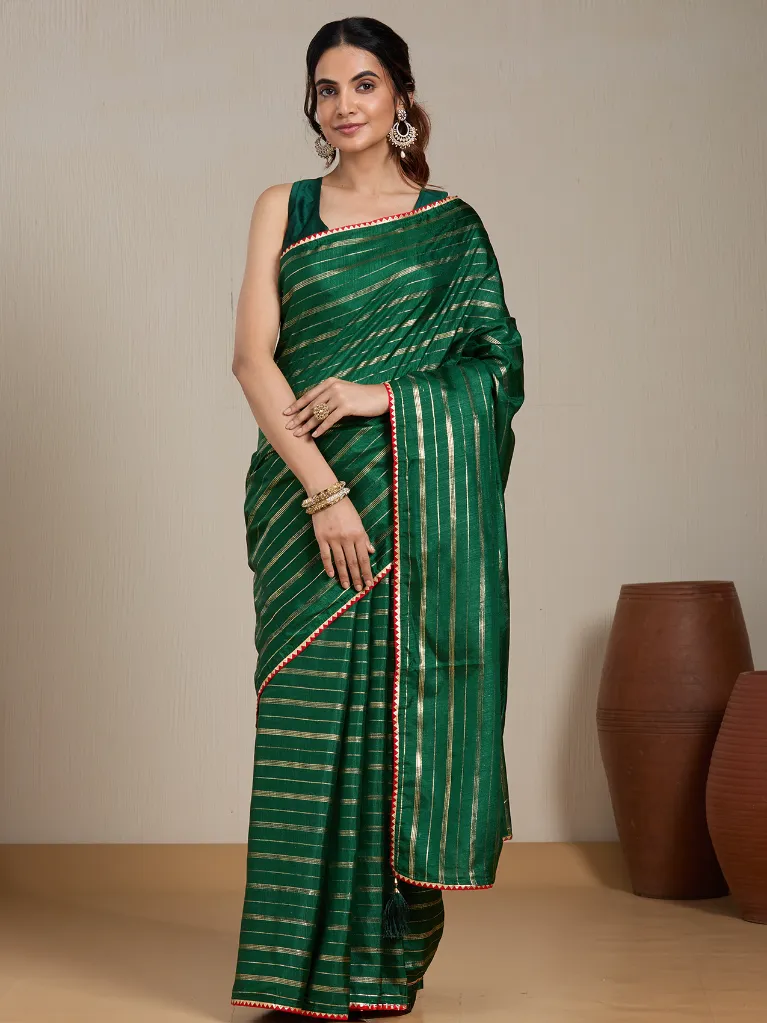 Vervee Couture Bottle Green Silk Blend Saree Semi-stitched Blouse