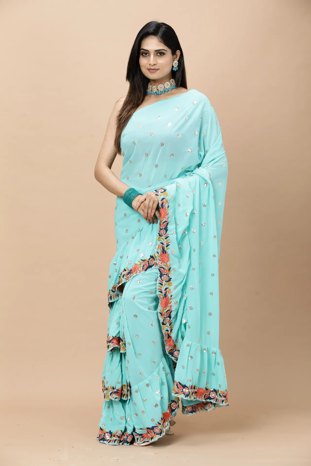 [VC26-ZIKR-D27-01] Vervee Couture Sky Blue Georgette Saree | Zikr