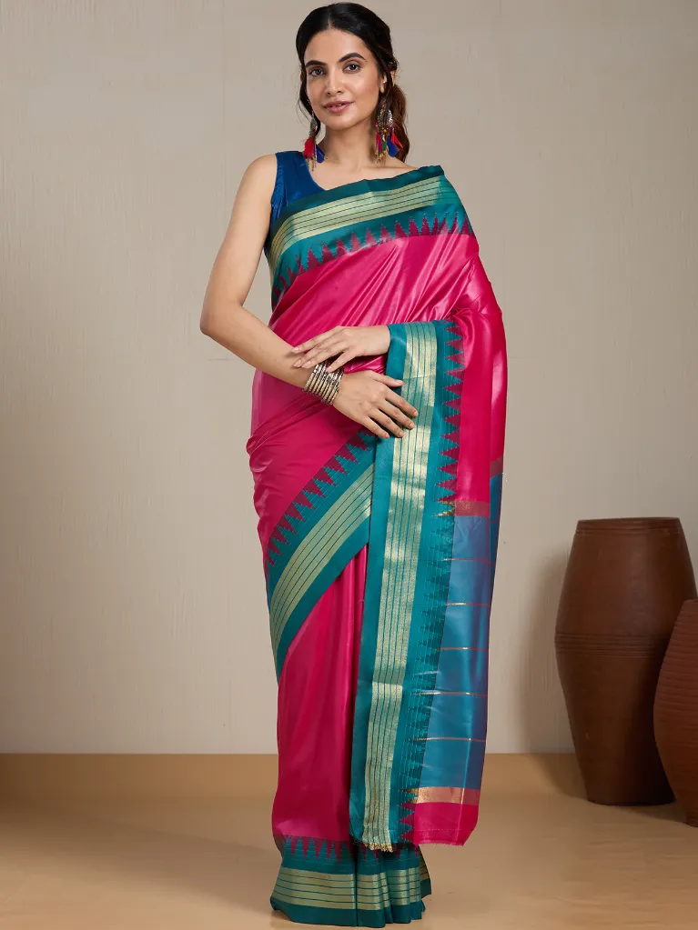 Vervee Couture Rani Pink & Teal Silk Blend Saree Semi-stitched Blouse