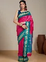 Vervee Couture Rani Pink & Teal Silk Blend Saree Semi-stitched Blouse