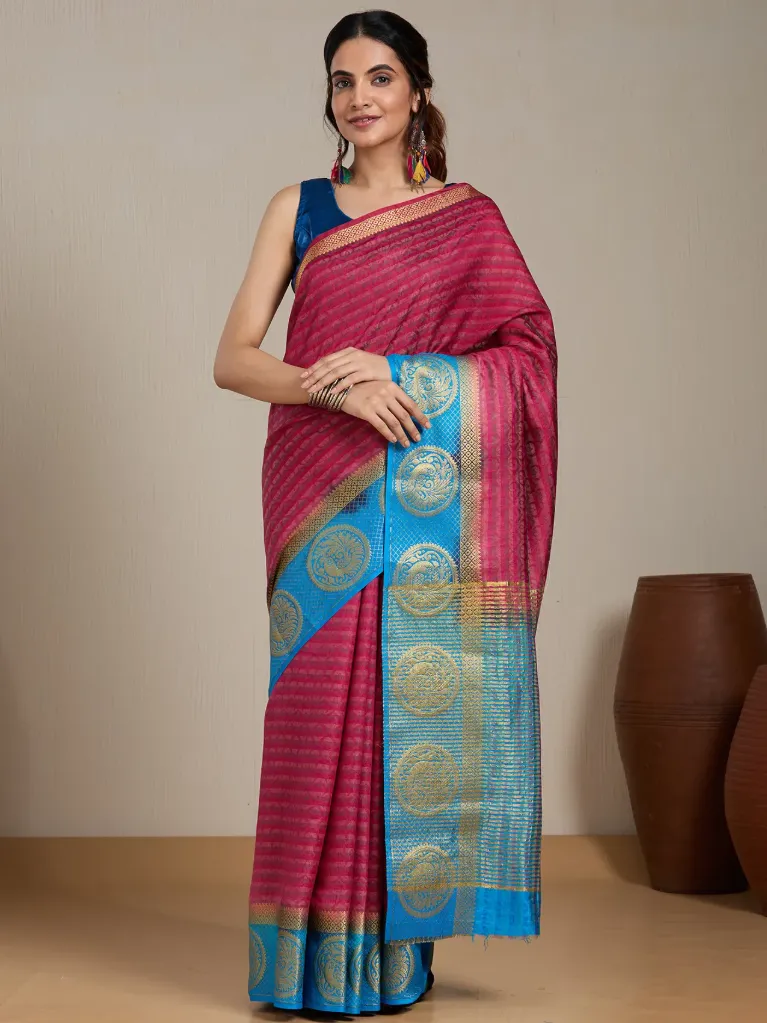 Vervee Couture Rani Pink & Sky Blue Silk Blend Saree Semi-stitched Blouse