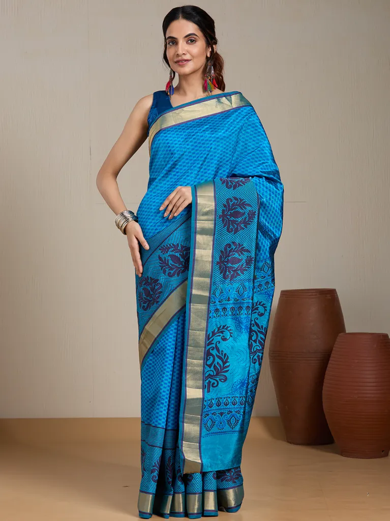 Vervee Couture Sky Blue Silk Blend Saree Semi-stitched Blouse