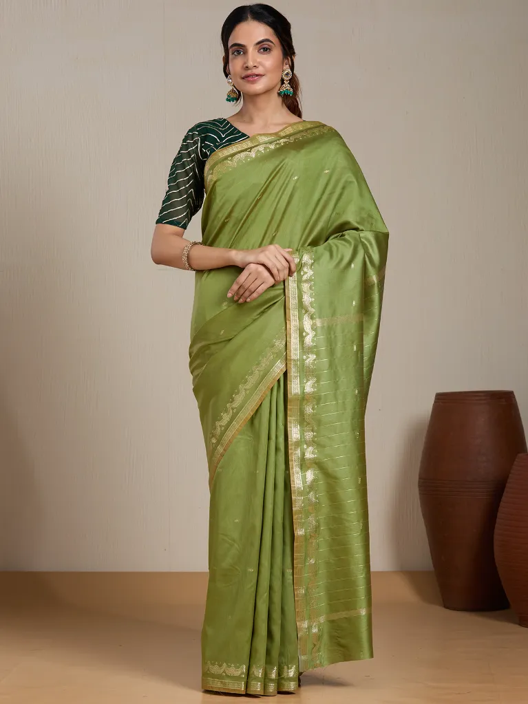 Vervee Couture Olive Green Silk Blend Saree Semi-stitched Blouse