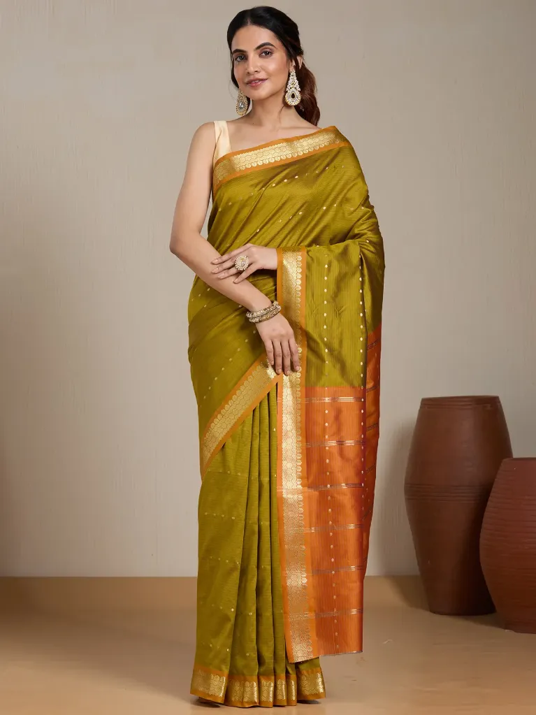 Vervee Couture Mustard Green & Rust Orange Silk Blend Saree Semi-stitched Blouse