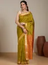 Vervee Couture Mustard Green & Rust Orange Silk Blend Saree Semi-stitched Blouse